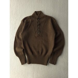 Vintage 1980s Brown Wool Henley Sweater Knit Collared US Army Small